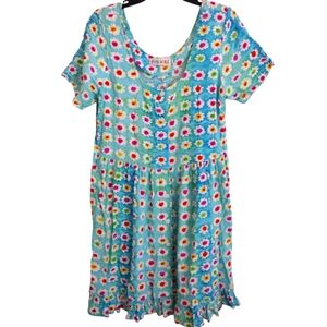 Jams World Sky Daisy Vintage Blue Multicolor Floral Dress Rayon Size XL